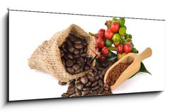 Obraz s hodinami   coffee beans and red ripe coffee on white background., 120 x 50 cm