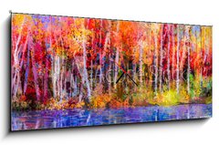 Obraz s hodinami 1D panorama - 120 x 50 cm F_AB129052938 - Oil painting colorful autumn trees. Semi abstract image of forest, aspen trees with yellow - Olejomalba barevné podzimní stromy. Semi abstraktní obraz lesa, osiky se žlutou