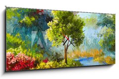 Obraz s hodinami 1D panorama - 120 x 50 cm F_AB131023522 - oil painting, flowers and trees near the river, sunset