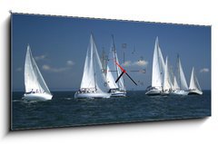 Obraz s hodinami 1D panorama - 120 x 50 cm F_AB1375692 - start of a sailing regatta - začátek plachetní regaty