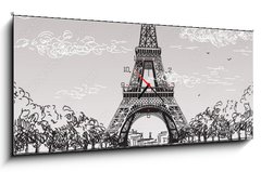 Obraz s hodinami 1D panorama - 120 x 50 cm F_AB138222265 - Landscape with Eiffel tower in black and white colors on grey background