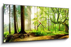 Obraz s hodinami 1D panorama - 120 x 50 cm F_AB139969469 - Idyllischer Wald mit Bach bei Sonnenaufgang