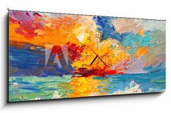 Obraz s hodinami 1D panorama - 120 x 50 cm F_AB141271349 - Oil painting of the sea, multicolored sunset on the horizon, watercolor - Olejomalba moře, vícebarevný západ slunce na obzoru, akvarel