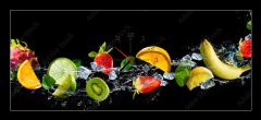 Obraz s hodinami 1D panorama - 120 x 50 cm F_AB145460098 - Fruits with water splash