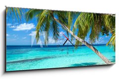Obraz s hodinami   coco palms on tropical paradise beach with turquoise blue water and blue sky, 120 x 50 cm