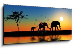 Obraz s hodinami 1D panorama - 120 x 50 cm F_AB15223089 - Family of elephants. - Rodina slonů.