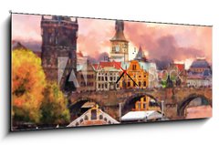 Obraz s hodinami 1D panorama - 120 x 50 cm F_AB155023138 - Watercolor illustration of old Prague - Akvarel ilustrace staré Prahy