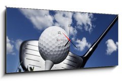 Obraz s hodinami 1D panorama - 120 x 50 cm F_AB16573670 - Golf club and ball in grass - Golfov klub a m v trv