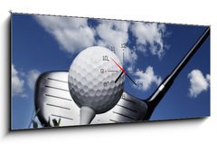 Obraz s hodinami 1D panorama - 120 x 50 cm F_AB16573670 - Golf club and ball in grass - Golfový klub a míč v trávě