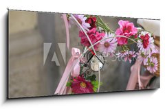 Obraz s hodinami 1D panorama - 120 x 50 cm F_AB166351131 - vintage Pink bicycle with basket of flowers