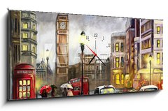 Obraz s hodinami 1D panorama - 120 x 50 cm F_AB167015010 - oil painting on canvas, street view of london. Artwork. Big ben. couple and red umbrella, bus and road, telephone. Black car
