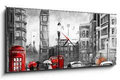 Obraz s hodinami 1D panorama - 120 x 50 cm F_AB167015499 - oil painting on canvas, street view of london. Artwork. Big ben. couple and red umbrella, bus and road, telephone. Black car