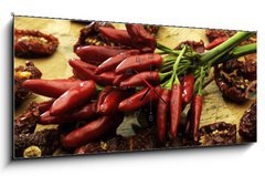 Obraz s hodinami 1D panorama - 120 x 50 cm F_AB16746914 - Pomodori secchi e peperoncini rossi