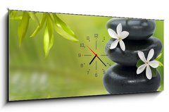 Obraz s hodinami 1D panorama - 120 x 50 cm F_AB16809002 - Spa still life, with white flowers on the black stones and bambo