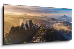 Obraz s hodinami   Autumn sunrise over Jetrichovice, beautiful landscape, Bohemian Switzerland, Czech Republic, 120 x 50 cm