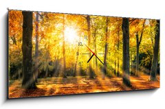 Obraz s hodinami 1D panorama - 120 x 50 cm F_AB169049384 - Buntes Herbstwald Panorama im Sonnenlicht - Panorama Buntes Herbstwald im Sonnenlicht