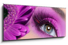 Obraz s hodinami 1D panorama - 120 x 50 cm F_AB16976079 - Purple eye make-up with gerber flower - Fialová oční make-up