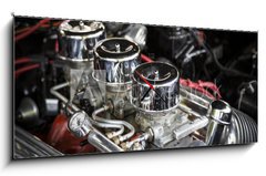 Obraz s hodinami 1D panorama - 120 x 50 cm F_AB170543646 - Under the Hood View of Restored Vintage Automobile Engine with Tri-Power Show-Chrome Carburetors