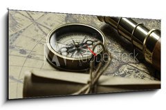 Obraz s hodinami   Retro compass with old map and spyglass, 120 x 50 cm