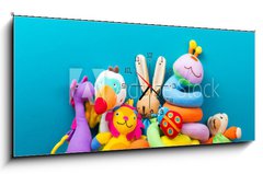 Obraz s hodinami 1D panorama - 120 x 50 cm F_AB182423566 - Set of colorful Kids toys frame. Copy space for text - Sada rámečku barevných dětských hraček. Kopírovat prostor pro text
