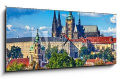 Obraz s hodinami 1D panorama - 120 x 50 cm F_AB182987982 - Prague fall landscape view to Saint Vitus Cathedral with blue - Praha podzimn krajina pohled na katedrlu svatho Vta s modrou