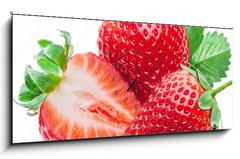 Obraz s hodinami 1D panorama - 120 x 50 cm F_AB190279606 - Three strawberries with strawberry leaf on white background.