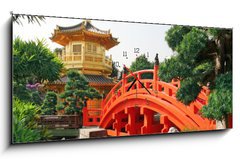 Obraz s hodinami 1D panorama - 120 x 50 cm F_AB19109853 - Gold pavilion in Chinese garden - Zlatý pavilon v čínské zahradě