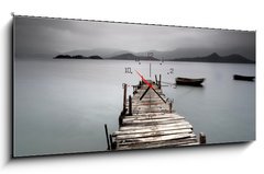 Obraz s hodinami 1D panorama - 120 x 50 cm F_AB19438246 - Looking over a desolate peer and a boat - Pohlédl na pusté peer a na loď