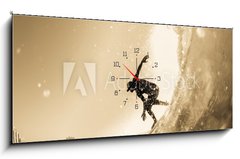 Obraz s hodinami 1D panorama - 120 x 50 cm F_AB194947698 - Surfing Surfer Wave Closeup Silhouette Vintage - Surfování Surfař Vlna Detailní Silueta Vintage