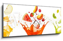 Obraz s hodinami 1D - 120 x 50 cm F_AB197062948 - mixed fruit falling into juices splashing on white background - smen ovoce spadajc do vy stkajc na blm pozad