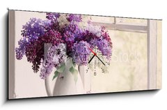 Obraz s hodinami 1D panorama - 120 x 50 cm F_AB200078828 - lilac in jug on old windowsill background