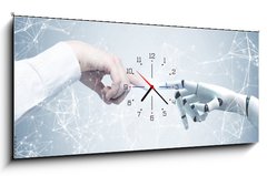 Obraz s hodinami 1D panorama - 120 x 50 cm F_AB201581385 - Human and robot hands reaching out, network - Lidské a robotické ruce natahující ruku, síť