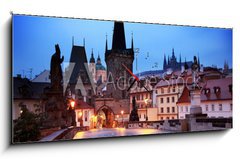 Obraz s hodinami 1D panorama - 120 x 50 cm F_AB20184085 - Charles Bridge at dawn - Karlův most při svítání