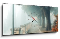 Obraz s hodinami 1D - 120 x 50 cm F_AB202723987 - A misty morning autumn landscape, an old park foggy alley. Great oak tree park alley - Zamlžené podzimní krajina, mlhavá alej starého parku. Velká dubová parková alej