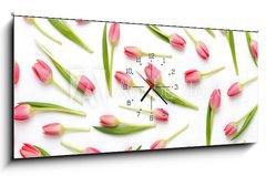 Obraz s hodinami 1D panorama - 120 x 50 cm F_AB205206437 - Pink tulip pattern on the white bacjkground. - Rov Tulipn vzor na blm bacjkground.