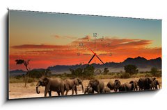 Obraz s hodinami   Herd of elephants in african savanna, 120 x 50 cm