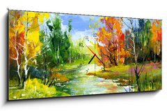 Obraz s hodinami 1D panorama - 120 x 50 cm F_AB21413236 - Autumn landscape with the wood river - Podzimní krajina s řekou dřeva