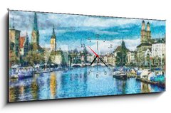 Obraz s hodinami 1D panorama - 120 x 50 cm F_AB221899832 - Oil painting. Art print for wall decor. Acrylic artwork. Big size poster. Watercolor drawing. Modern style fine art. Beautiful autumn city landscape. Multicolor view. Historical Europe buildings. - Olejomalba. Umělecký tisk na zeď. Akrylová kresba. Velké velikosti plakát. Akvarel kresba. Moderní styl výtvarného umění. Krásné podzimní městské krajiny. Vícebarevný pohled. Historické budovy Evropy.