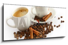 Obraz s hodinami 1D panorama - 120 x 50 cm F_AB22406738 - Coffee cup and grain on white background