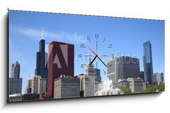 Obraz s hodinami 1D panorama - 120 x 50 cm F_AB22647001 - Chicago Skyline and Fountain