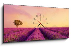 Obraz s hodinami 1D panorama - 120 x 50 cm F_AB226739623 - Lavender field rows at sunrise and hot air baloon France Provence - Levandulové pole řady při východu slunce a horkovzdušný balón Francie Provence