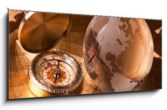 Obraz s hodinami 1D panorama - 120 x 50 cm F_AB22842255 - Old Compass and globe - Starý kompas a zeměkoule