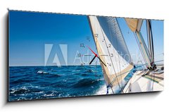 Obraz s hodinami 1D panorama - 120 x 50 cm F_AB229409051 - Sailing lboat at open sea in sunshine