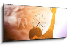 Obraz s hodinami 1D panorama - 120 x 50 cm F_AB231176731 - Human hands open palm up worship. Eucharist Therapy Bless God Helping Repent Catholic Easter Lent Mind Pray. Christian Religion concept background. fighting and victory for god