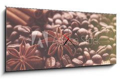 Obraz s hodinami 1D panorama - 120 x 50 cm F_AB232714184 - Aromatic roasted coffee beans and anis or badian, sticks of natural cinnamon on  background close up