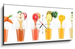 Obraz s hodinami 1D - 120 x 50 cm F_AB234500457 - Six tastes of juice pouring in plastic cup from fruit isolated on white background - est chut vy v plastovm kelmku z ovoce izolovanch na blm pozad