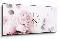 Obraz s hodinami 1D panorama - 120 x 50 cm F_AB235909172 - Beautiful, tender fresh blossoming aromatic pink Peony flowers and eucalyptus branches on the white background, top view, flat lay