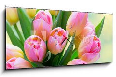 Obraz s hodinami 1D panorama - 120 x 50 cm F_AB241402098 - Spring flowers. Living coral tulip bouquet on the bokeh background. - Jarní květiny. Živá korálová kytice tulipánů na pozadí bokeh.