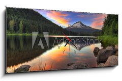 Obraz s hodinami 1D panorama - 120 x 50 cm F_AB24571203 - Sunset at Trillium Lake with Mount Hood - Západ slunce u jezera Trillium s Mount Hood