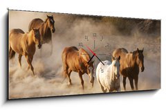 Obraz s hodinami 1D panorama - 120 x 50 cm F_AB2467066 - wild horses running - divoké koně běží